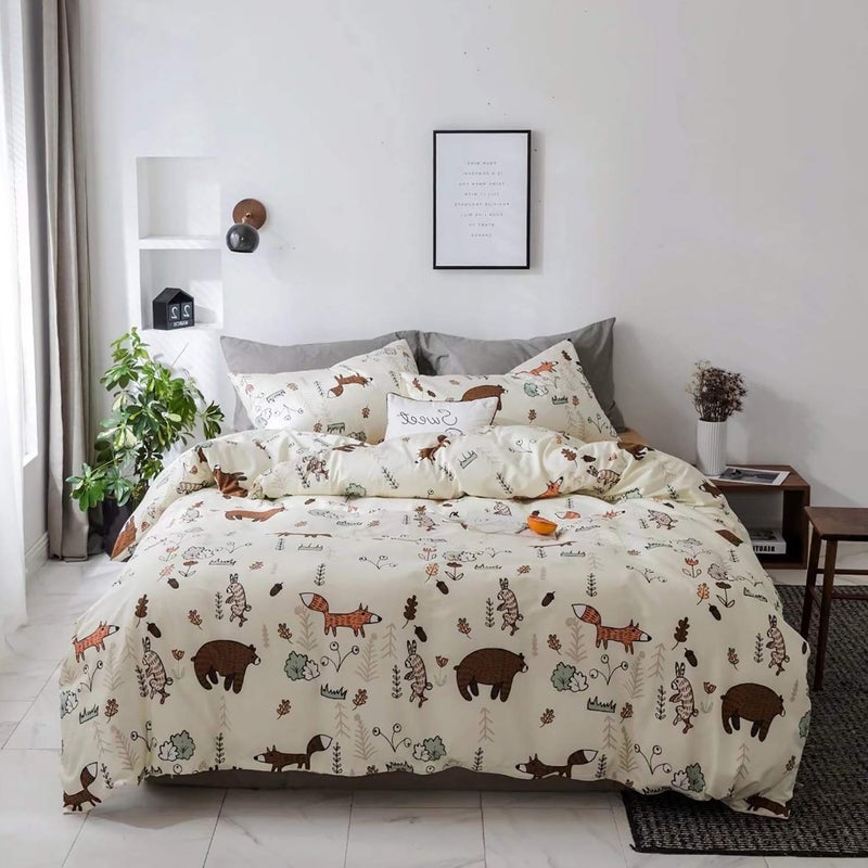 Houseri Jumeey Kids Bear Bedding Queen Girls Cartoon Duvet Cover Full Teen Boys Rabbit Fox Duvet Cover Woodland Forest Theme Bedding Sets Queen Animal Print - Image 3